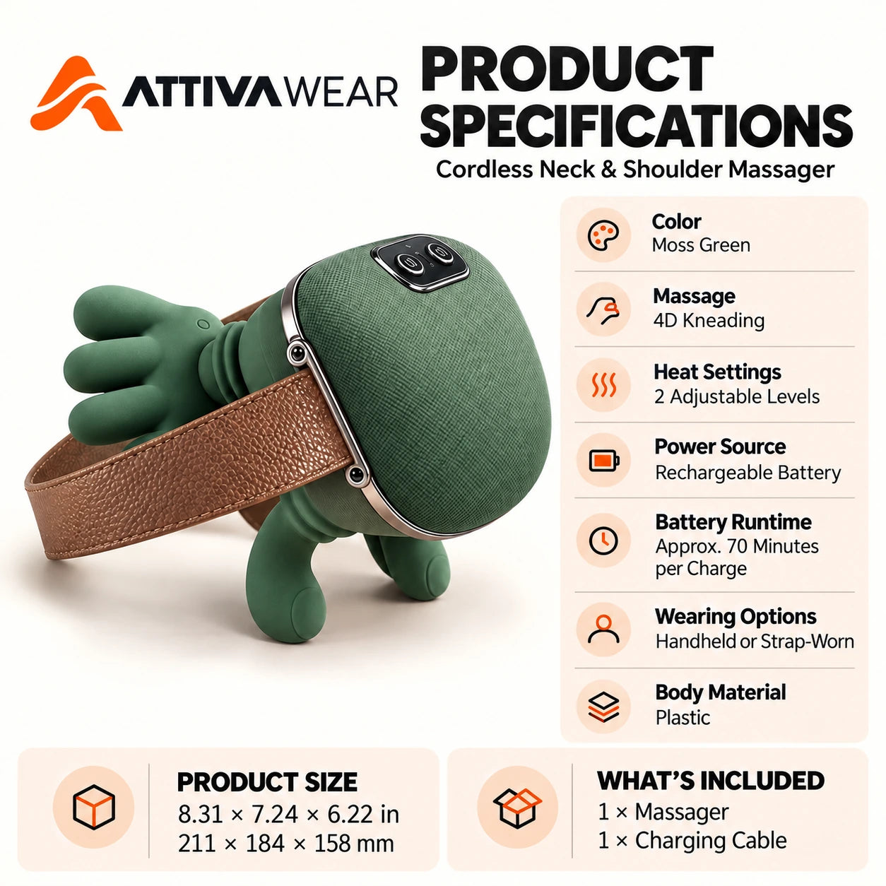 ATTIVA WEAR cordless neck and shoulder massager specifications